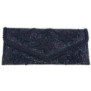 Handmade Women’s Black Beaded  Flower Pattern Evening Clutch Bag Sz S